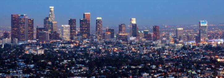Panoramic photograph of the Los Angeles California skyline at dusk