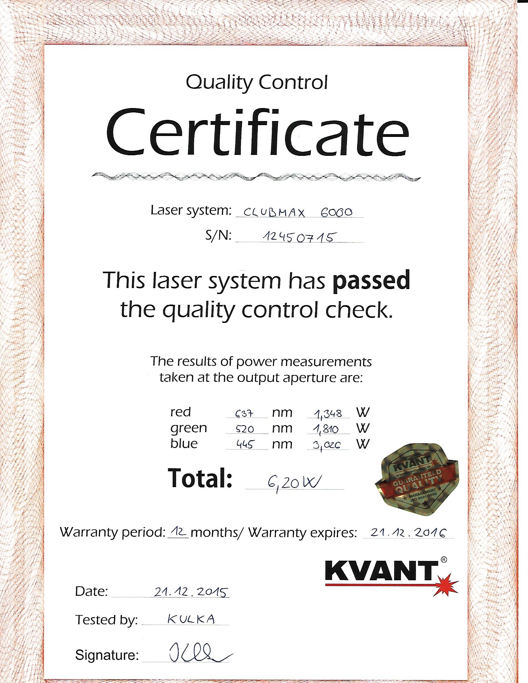 Clubmax 6000 used certificate kvant